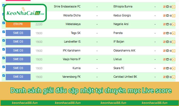 Danh sách giải đấu cập nhật tại chuyên mục Live score