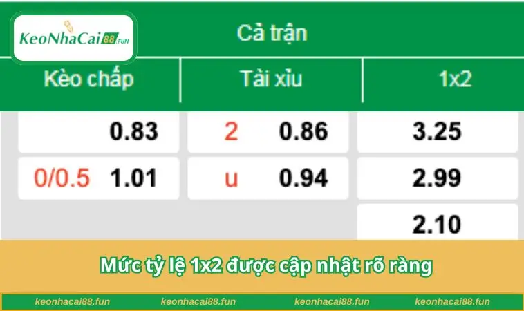 Mức tỷ lệ 1x2 được cập nhật rõ ràng